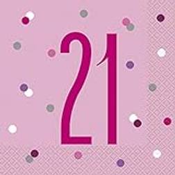 Unique Party Papierservietten Zahl 21 16,5 cm Glitzer Rosa & Silber Geburtstag 16er-Packung