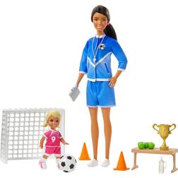 Barbie GJM71 Fußballtrainerin Spielset mit Puppe brünett und Zubehör, Spielzeug ab 3 Jahren