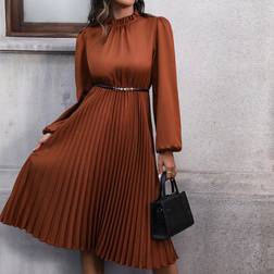 Shein Solid Color Lantern Sleeve With Pleated Hemline Dress Without Belt