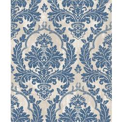 Parato Large Damask Blue/Silver Metallic Finish Vinyl on Non-woven Non-Pasted Wallpaper Roll