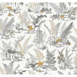 York Wallcoverings Mushroom Garden Toile White Neutral and Gold Wallpaper Roll