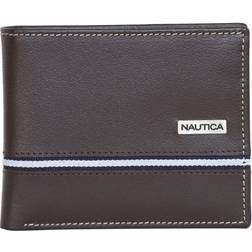 Nautica Mens Classic Leather Bifold Rfid Wallet Logo Ribbon - Brown