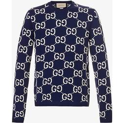 Gucci Mens Blue Ivory Monogram-pattern Ribbed-trim Wool Jumper