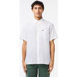 Lacoste Mens White Logo-embroidered Regular-fit Linen Shirt