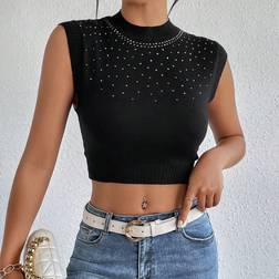 Shein Essnce Rhinestone Detail Crop Knit Top