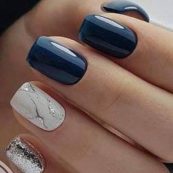 Shein Upgrade Your Look With 24pcs Indigo Glossy Press On Nails, Short Coffin Marble Pattern Bling Sequins Full Cover Fake Nail Set