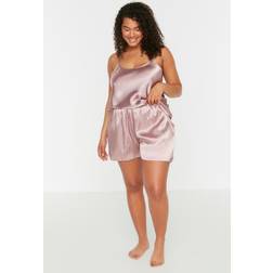 Trendyol Collection kvinnor vanligt vävd linne shorts plus pyjamas set, Rosa