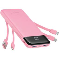 Charmast Ultra Slim LED Display Power Bank 10000mAh with Built-in Cables Pink