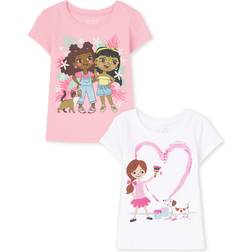 The Children's Place Baby Toddler Girls Short Sleeve Graphic T-Shirt 2-Pack, Girl & Dog/Girls & Cat, 2T