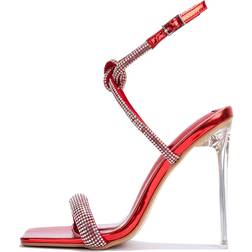 Cape Robbin Lexington Sexy Stiletto Clear High Heels for Women, Square Toe Ankle Strap Heels with Rhinestones Red