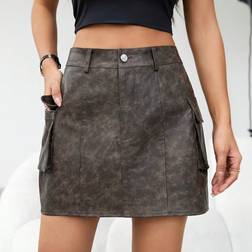 Shein ICON Women's Simple Faux Leather Short Skirt With Pocket