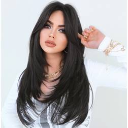 Shein Dark Brown Long Black Layered Wigs For Women Middle Part Layered Straight Wig Daily