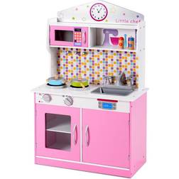 Costway Kids Wooden Pretend Cooking Playset Play Set Kitchen Toys Toddler Gift-Pink