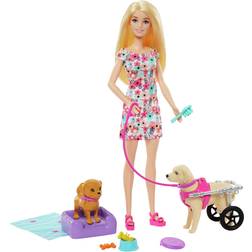 Barbie med två hundar och husdjurstillbehör, en hund i löstagbar rullstol med rullande hjul, set med mer än tio delar, HTK37