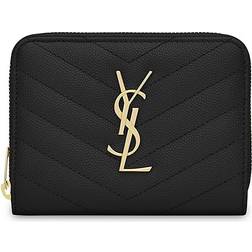 Saint Laurent Cassandre Matelassé Compact Zip Around Wallet in Grain De Poudre Embossed Leather - Black