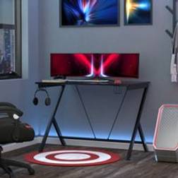 Homcom Gaming Desk Computer Table Metal Frame with Cup Holder, Headphone Cable Hole, Black