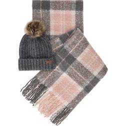 Barbour Saltburn Beanie Hat & Check Scarf Gift Set, Grey/Rose