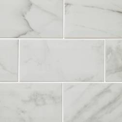 GoodHome GoodHome Trentie White Gloss Marble Effect Ceramic Wall Tile, Pack Of 48, L200mm W100mm