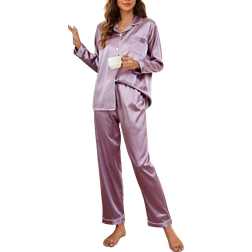 Shein Contrast Binding Button Up Satin Pajama Set