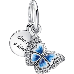 Pandora Butterfly & Quote Double Dangle Charm - Silver/Blue/Transparent