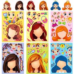 Shein 1pack 6 Blue Princess Face Swap Stickers, Cartoon Parent-child Interactive Puzzle Handwriting Diy Jigsaw Sticker