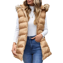 Shein Women'S Sleeveless Plush Trimmed Hooded Padded Jacket With Zipper