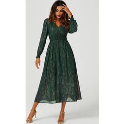 FS Collection Gold Stripe Foil V-Neckline Long Sleeve Maxi Dress In Green