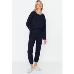 Trendyol Collection Marineblaues Gestricktes Pyjama-set Aus Strukturierter Baumwolle für Damen Dunkelblau