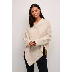 Cream Knit Poncho V-Neck and Pattern - Beige