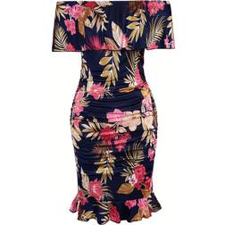 Shein Clasi Plus Size Bodycon Open Shoulder Tropical Printed Dress