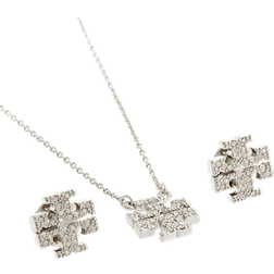 Tory Burch Kira Pave Pendant And Stud Earring Set - Silver/Transparent