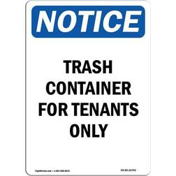 SignMission 12x18in Notice Trash Container for Tenants Only OSHA Notice Sign