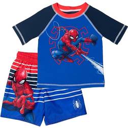 Marvel Boy's Avengers Hulk Spider-Man Rash Guard & Swim Trunks Outfit Set - Blue