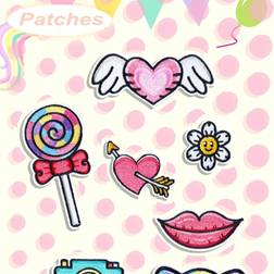 Shein 7pcs Candy, Camera, Heart, And Other Patterns Fabric Patches, Pink Series Embroidered Iron-On And Repair Applique For Backpacks, Jeans, Jackets