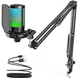 Fifine USB-spelmikrofonsats, RGB kondensator, mikrofonset för PC PS4 PS5 med tystgående knapp, popfilter, mikrofonarm, shock mount för streaming podcast YouTuTube-videor – A6T