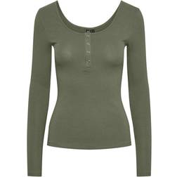 Pieces Kitte Button Front Ribbed Top - Deep Lichen Green