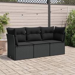 vidaXL 3-tlg Garten-Sofagarnitur mit Kissen Schwarz Poly Rattan