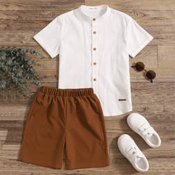 Shein Tween Boys' Stand Collar Single-Breasted Shirt And Shorts Set