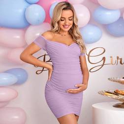 Shein Gender Reveal Dress Maternity Off-Shoulder Ruched Bodycon Dress