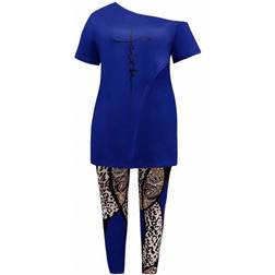 Shein Plus Size Women's Asymmetric Neckline Letter Printed T-shirt And Leopard Print Patchwork Leggings Set