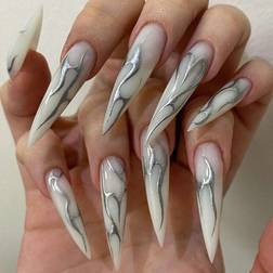 Shein Press-On Nails With Long Pointy Shape - Silver Stripe 24-pack