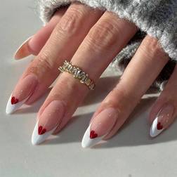 Shein Y2k Style 24pcs Press On Nails Long Almond French Red Heart Nail Set - Jelly Glue 24-pack