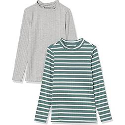 Amazon Essentials Kid's Slim Fit LS Mockneck Tops 2-pack - Light Grey Heather/Green Stripe