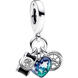 Pandora Camera Heart & Compass Triple Dangle Charm - Silver/Multicolour