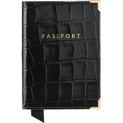 Aspinal of London Passport Cover - Deep Shine Black Croc/Red Suede