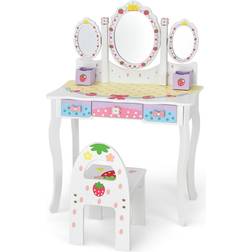 Costway Kids Vanity Princess Makeup Dressing Table Chair Set with Tri Fold Mirror
