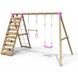 Rebo Savannah, Pink Wooden Swing Set with Up and Over Climbing Wall