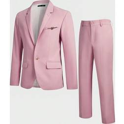 Shein Mens Woven Casual SingleBreasted Pink Suit With Pants Two Pieces Set For