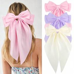 Shein 3Pcs Girls Big Hair Bows Clips, Pink Purple Beige Silky Large Hair Ribbons Oversized Long Tail