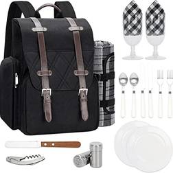 Picnic Backpack for 2 Person with Large Insulated Cooler Bag, Picnic Basket Set with Wine Pouch, Waterproof Picnic Blanket & Cutlery Set. Perfect for Camping, Party,Wedding Gift for Couple.2P-Black